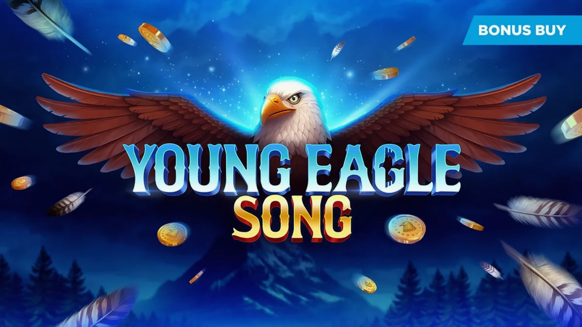Pemandangan hutan Amerika Utara yang dramatis dengan elang yang terbang di atas gulungan slot Young Eagle Song.